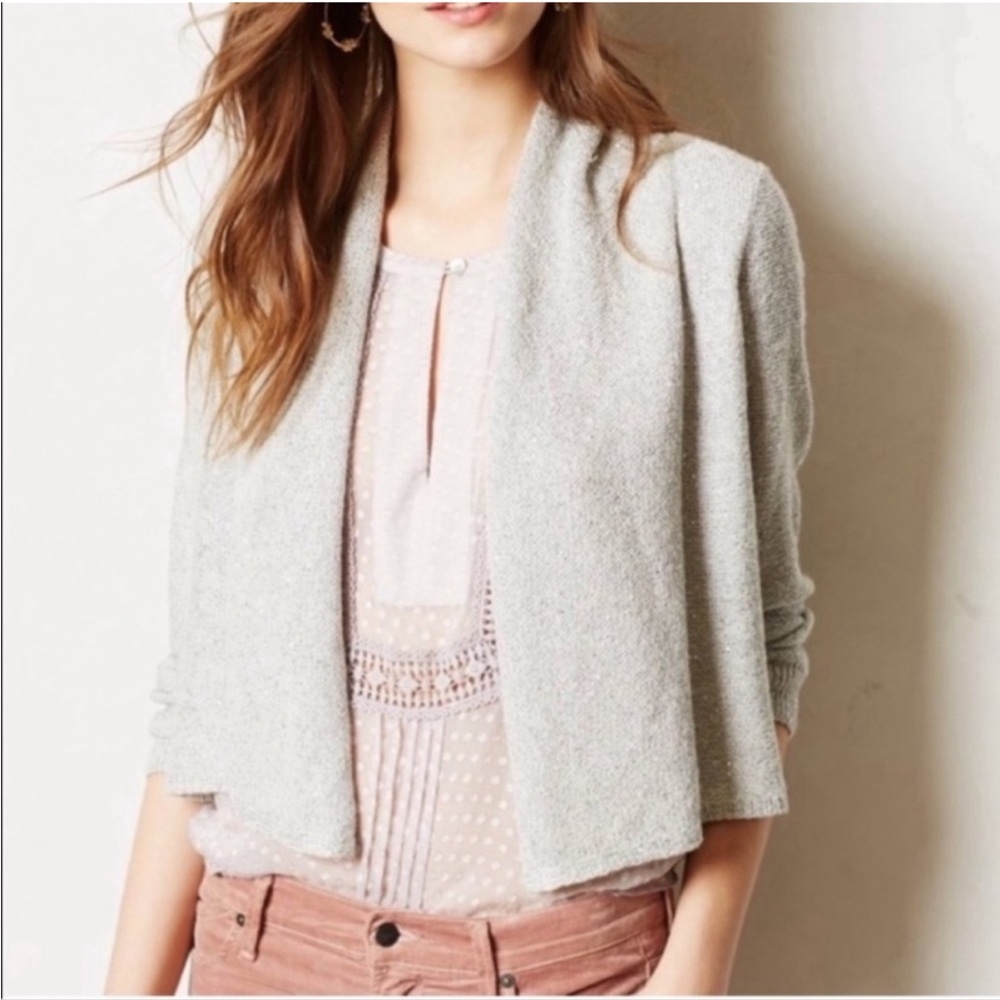 ANTHROPOLOGIE KNITTED & KNOTTED SILVER SEQUIN OPEN FRON CARDIGAN